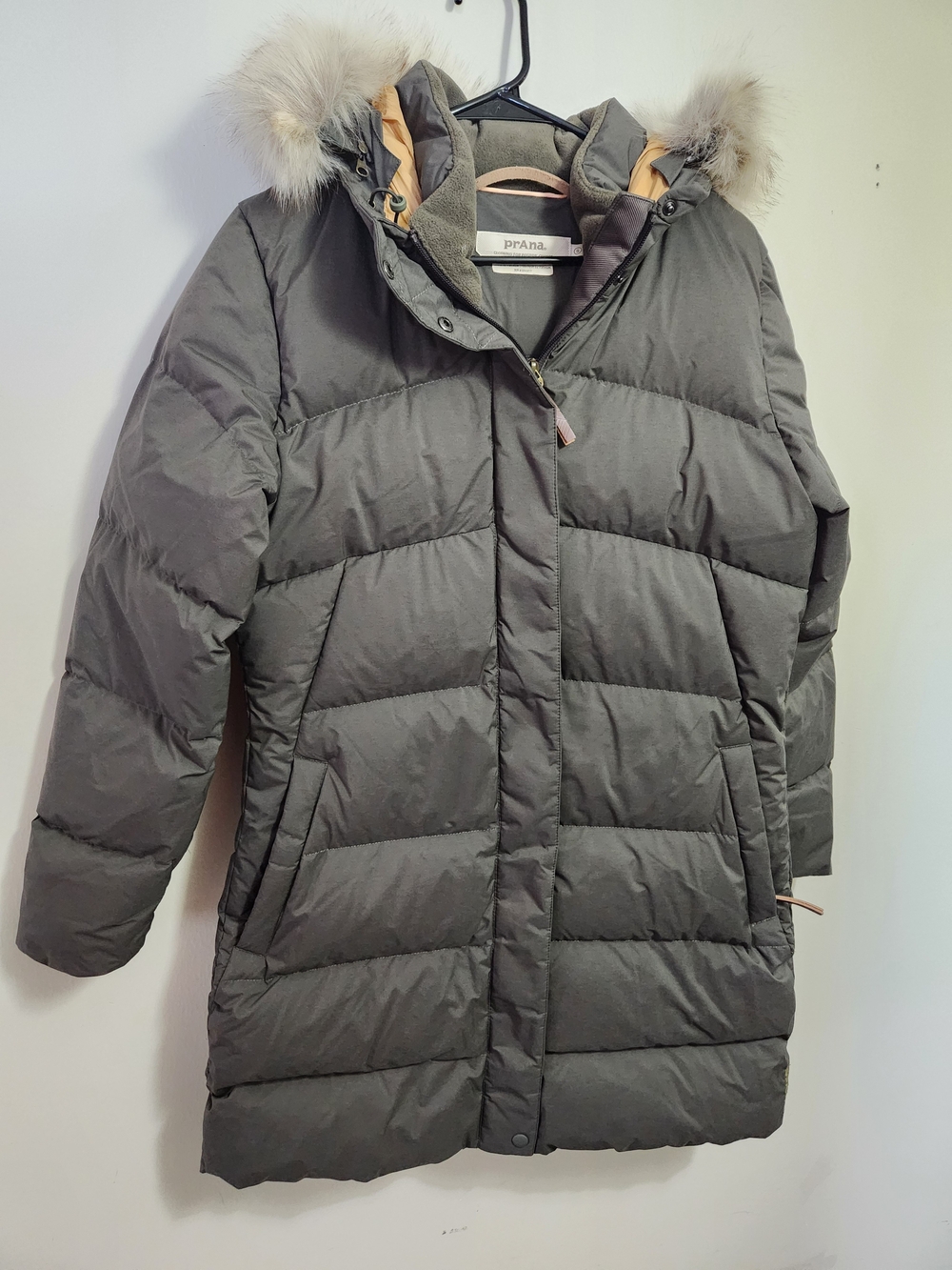 Prana Olive Green Quilted Puffer Coat with Faux Fur Trim
